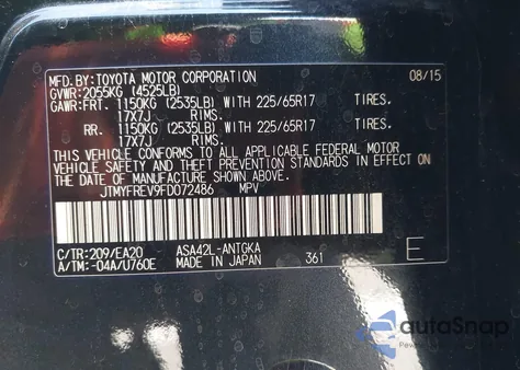 2015 Toyota Rav4 Limited from USA, damaged, VIN JTMYFREV9FD072486